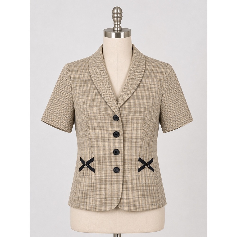 Perceptions Petite Tan Plaid Short Sleeve Blazer Shawl Collar Ribbon Detail 10P